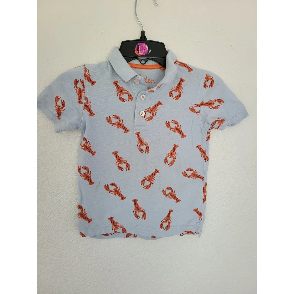 Boden Boys Light Blue Orange Lobster Print Polo Shirt Size 4-5Y Nautical #5
